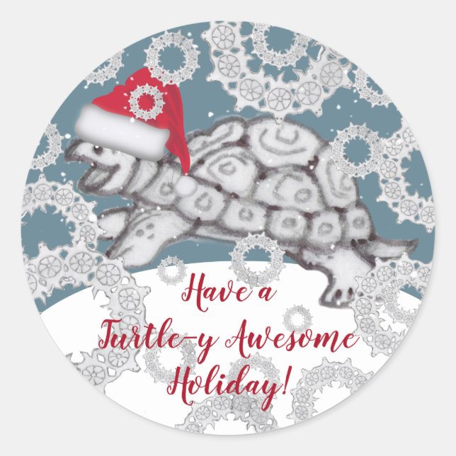 Turtle & Snowflake Santa Hat Winter Snow Christmas Classic Round Sticker (Front)