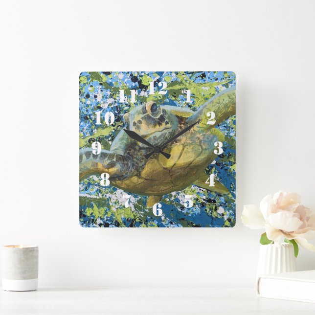 Turtle Splatter Art Square Wall Clock (Home)