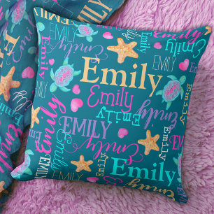 Turtle, starfish and hearts name patterned throw pillow
