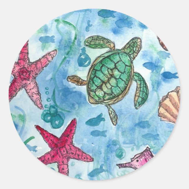 Turtle Starfish Shells Sea Creature Watercolor Classic Round Sticker (Front)