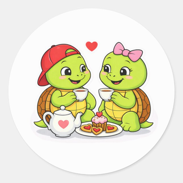 Turtle tea time with love classic round sticker (Front)