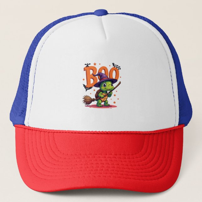 Turtle Tortoise Boo Witch Trick Or Treat Halloween Trucker Hat (Front)