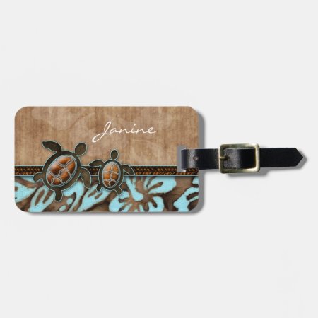 Turtle Travel Luggage Tag Hibiscus Blue Brown
