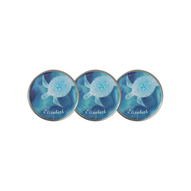 Turtle Tribal Blue Watercolor Monogram Beach Golf Ball Marker (3 Up)