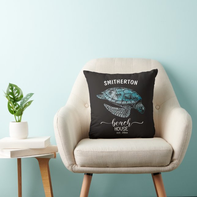 Turtle Turquoise Black Beach House Family Name  Throw Pillow (Chair)