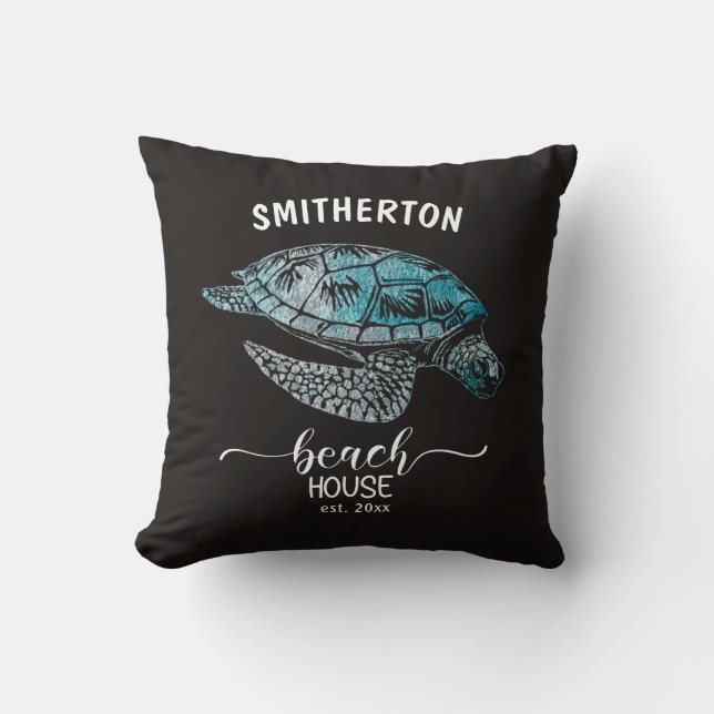 Turtle Turquoise Black Beach House Family Name  Throw Pillow (Front)