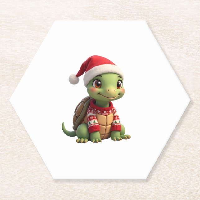 Turtle Ugly Sweater Santa Hat Christmas T-Shirt (2 Paper Coaster (Front)