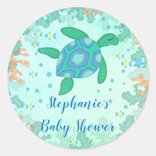 Turtle Under The Sea Baby Shower Classic Round Sticker (Front)