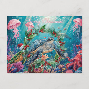 Turtle Under the Sea Christmas Party Holiday Postcard