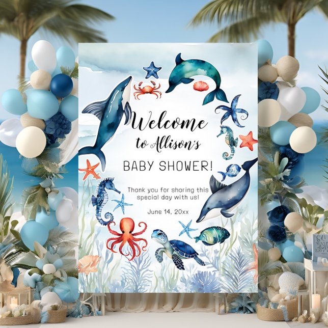 Turtle Under the Sea Dolphin Blue Boy Baby Shower Foam Board (Creator Uploaded)