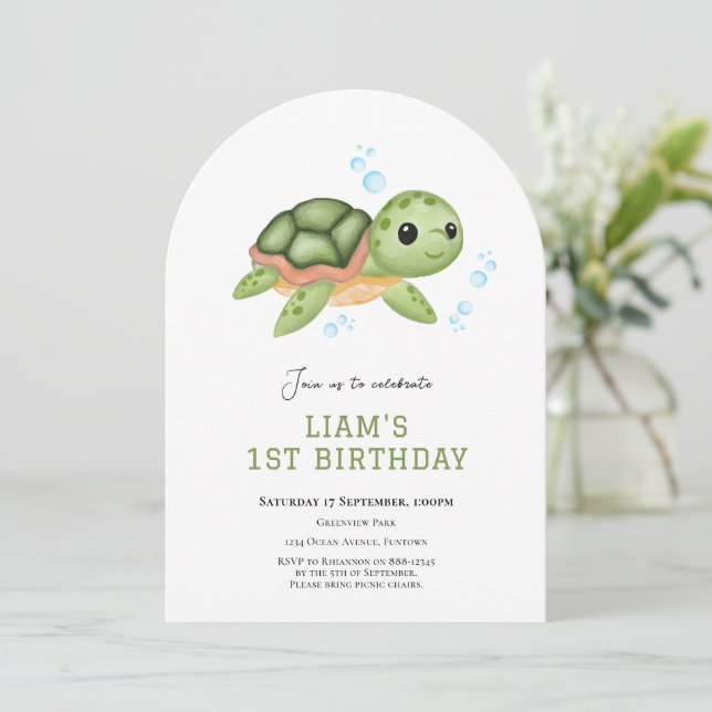 Turtle Under the sea first birthday invitation (Standing Front)