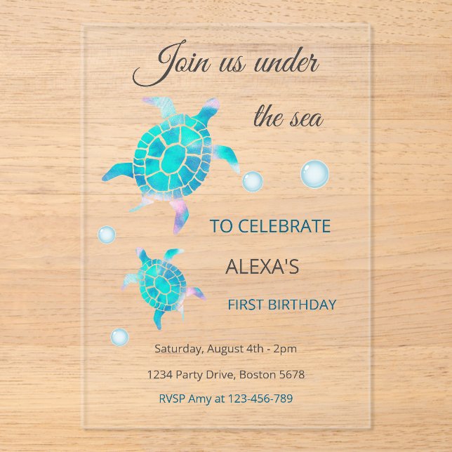 Turtle Under The Sea Watercolor  1st Birthday  Acrylic Invitations (Front)