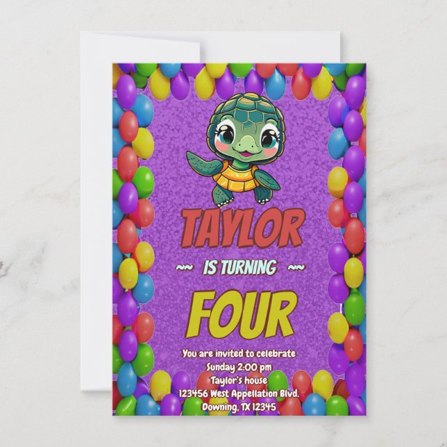 Turtle Unique Personalized Birthday Invite Kids (Front)
