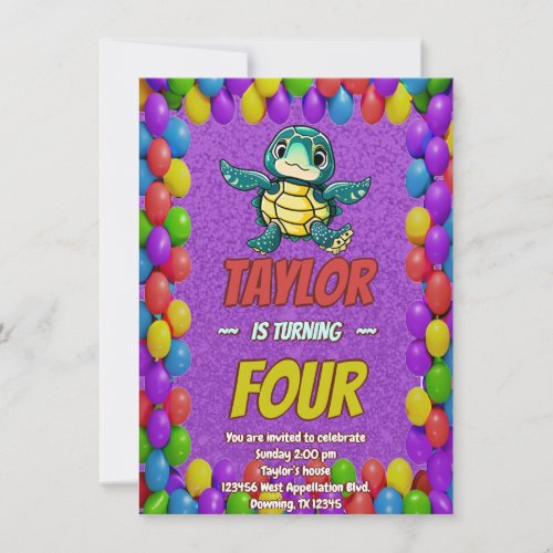 Turtle Unique Personalized Birthday Invite Kids