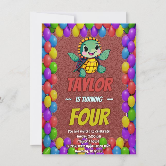 Turtle Unique  Personalized Birthday Invite Kids (Front)