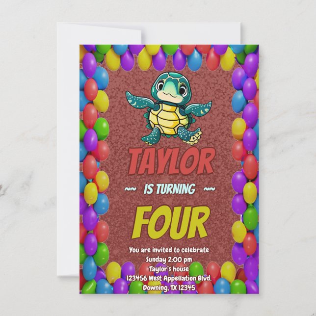 Turtle Unique  Personalized Birthday Invite Kids (Front)