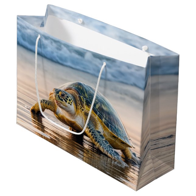 Turtle Walking On Wet Beach Sand Large Gift Bag (Front Angled)