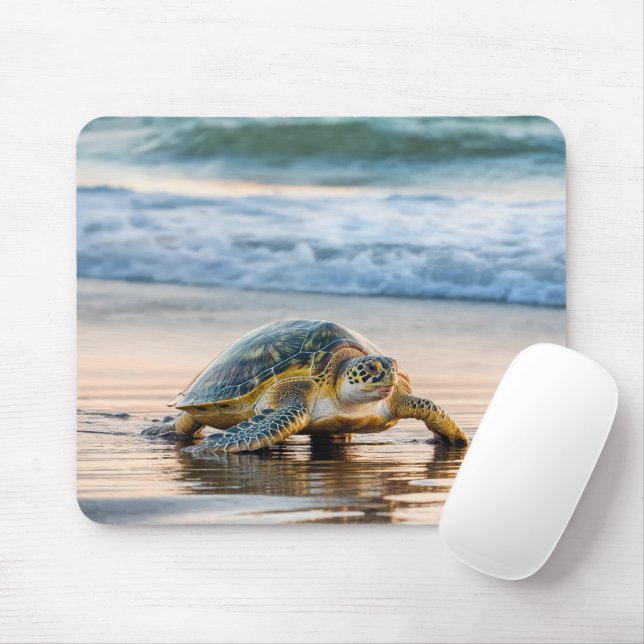 Turtle Walking On Wet Beach Sand Mouse Pad (With Mouse)