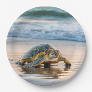 Turtle Walking On Wet Beach Sand Paper Plates