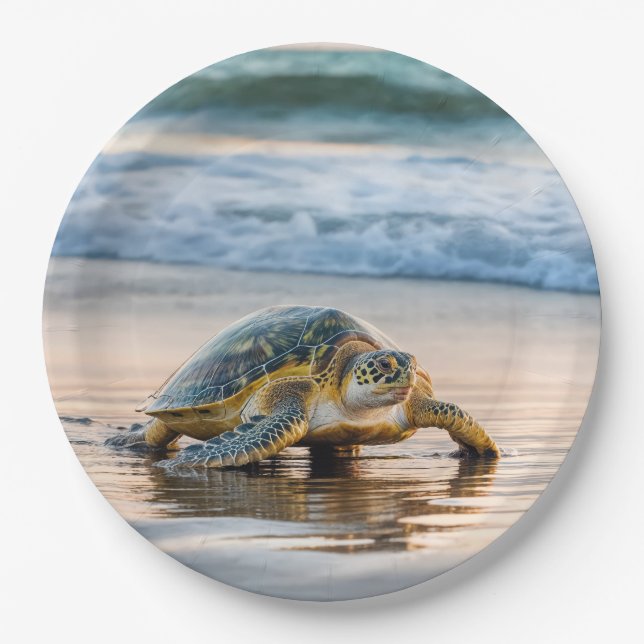 Turtle Walking On Wet Beach Sand Paper Plates (Front)