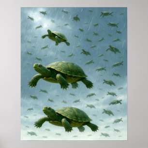 Turtle Wall Art, Happy Turtle in the Rain Art Poster