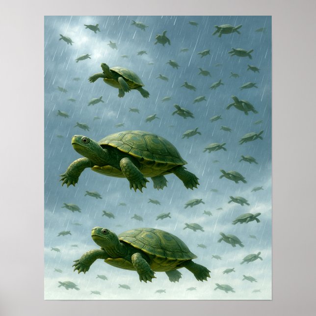 Turtle Wall Art, Happy Turtle in the Rain Art  Poster (Front)