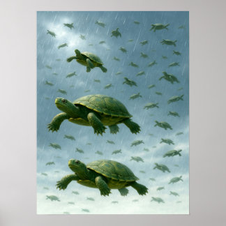 Turtle Wall Art, Happy Turtle in the Rain Art Poster