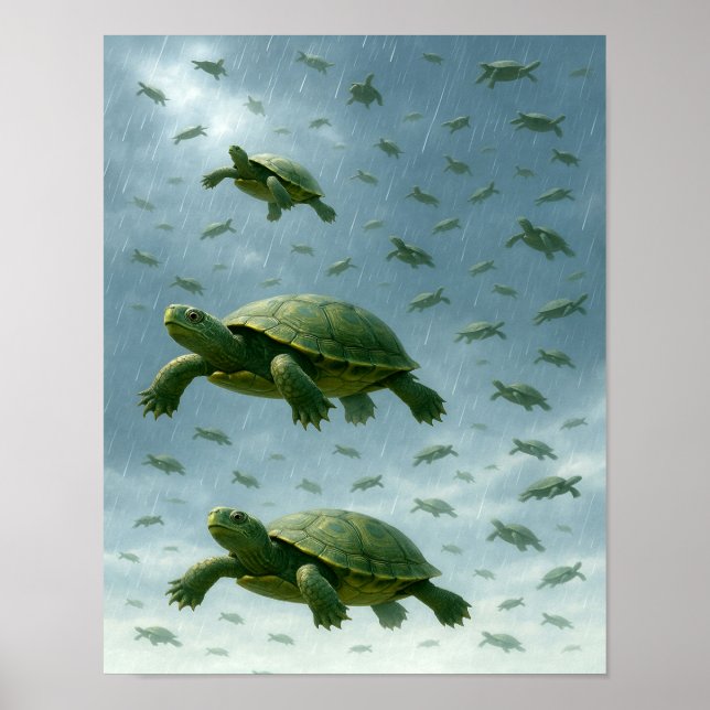 Turtle Wall Art, Happy Turtle in the Rain Art Poster (Front)