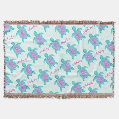 Turtle watercolor art name pattern aqua throw throw blanket