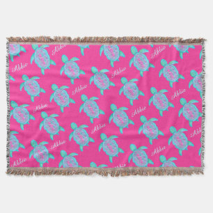Turtle watercolor art name pattern pink aqua throw blanket