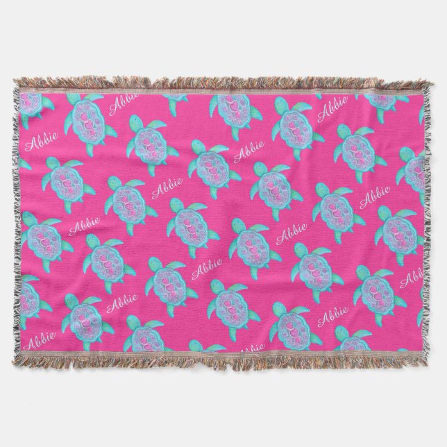 Turtle watercolor art name pattern pink aqua throw blanket (Front)