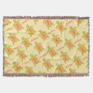 Turtle watercolor art name pattern yellow throw throw blanket