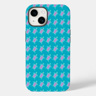 Turtle watercolor art patterned aqua pink iPhone 14 case