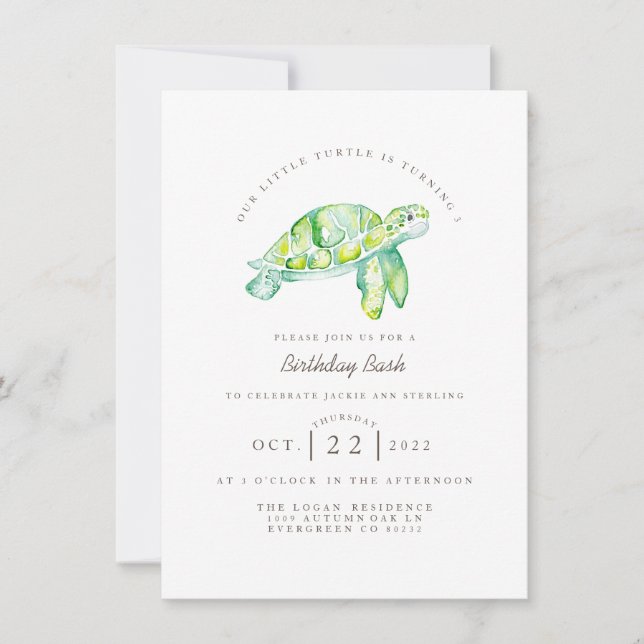 Turtle Watercolor | Ocean Life Birthday Invitation (Front)