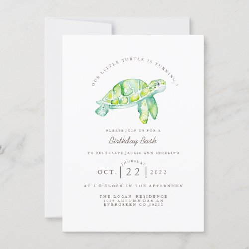 Turtle Watercolor  Ocean Life Birthday Invitation