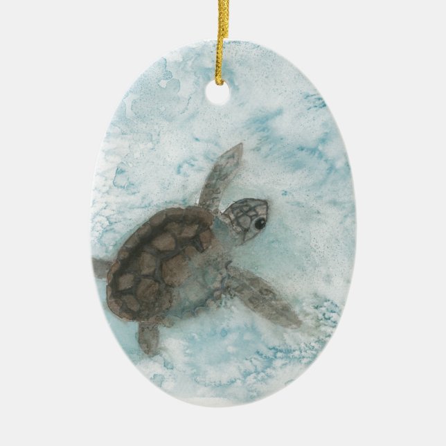 Turtle Watercolor Painting Ceramic Ornament (Front)