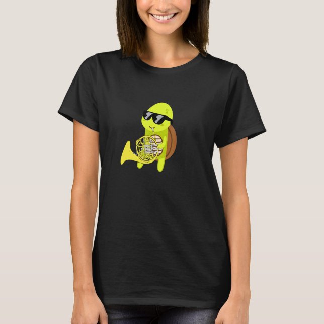 Turtle Wearing Sunglasses Playing French Horn T-Shirt (Front)