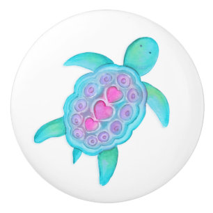Turtle whimsical watercolor art doorknob ceramic knob
