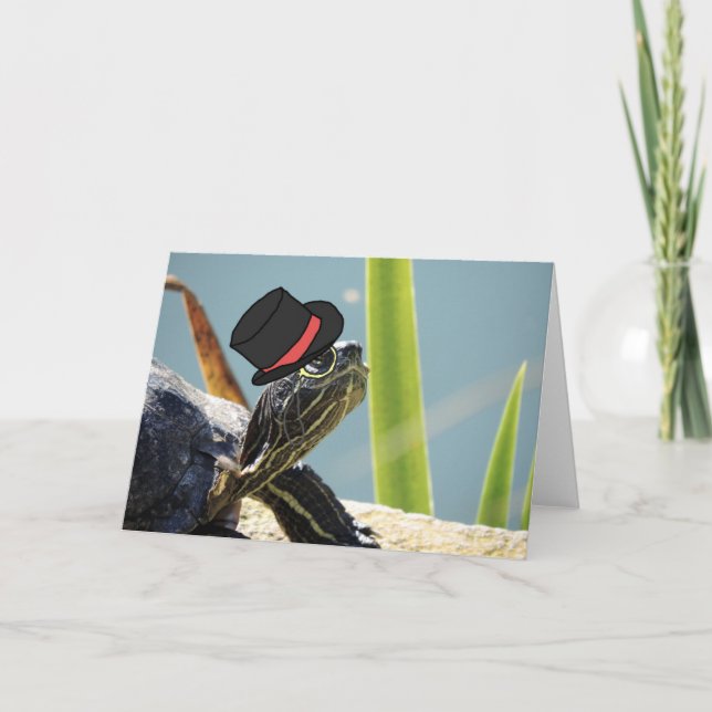 Turtle with an Monocle and Top Hat Blank Greeting Card (Front)