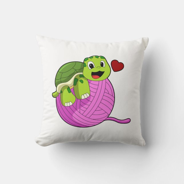 Turtle with Ball of Wool Throw Pillow (Front)