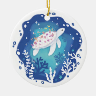Turtle with Corals in Ocean Paper Art Illustration Ceramic Ornament