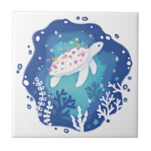 Turtle with Corals in Ocean Paper Art Illustration Ceramic Tile
