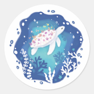 Turtle with Corals in Ocean Paper Art Illustration Classic Round Sticker
