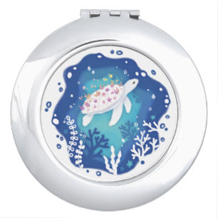 Turtle with Corals in Ocean Paper Art Illustration Compact Mirror