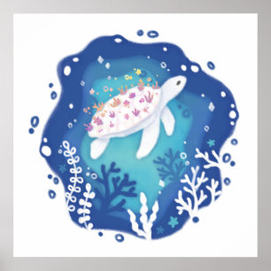 Turtle with Corals in Ocean Paper Art Illustration Poster