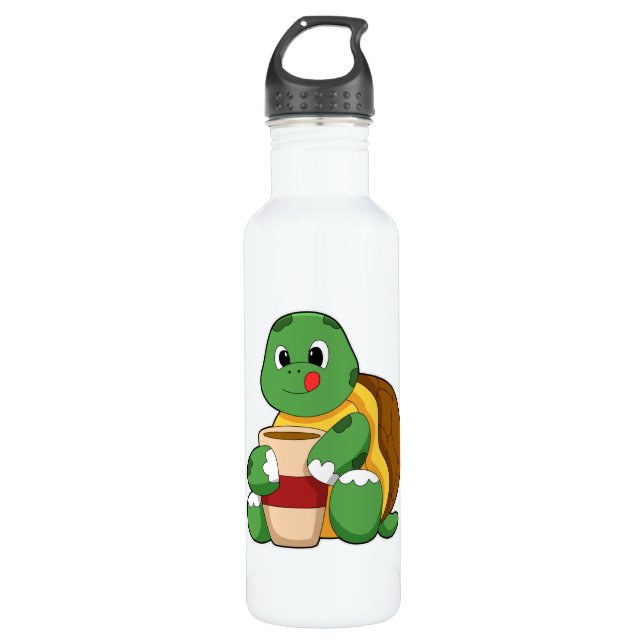 Turtle with Cup of Coffee Stainless Steel Water Bottle (Front)