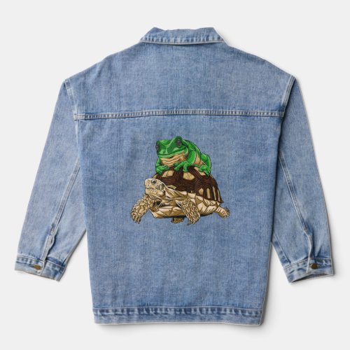 Turtle with frog happy animals For Men Women  Denim Jacket