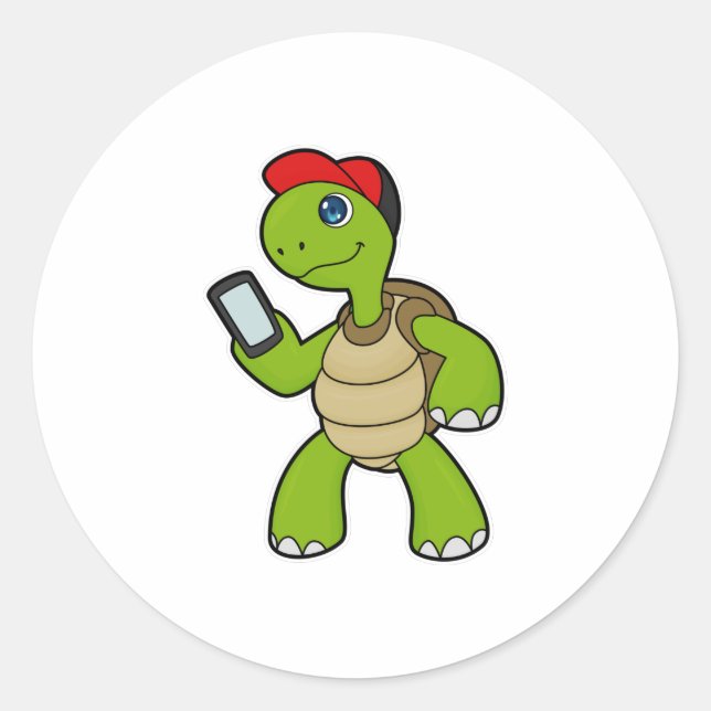 Turtle with Phone & Hat Classic Round Sticker (Front)