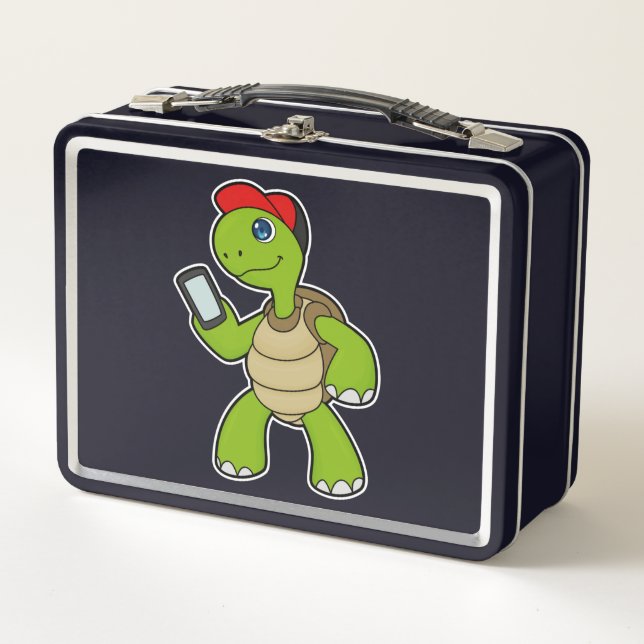 Turtle with Phone & Hat Metal Lunch Box (Front)