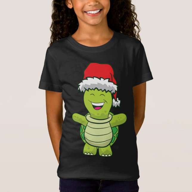 Turtle With Santa Hat Cute Turtle Christmas T-Shirt (Front)